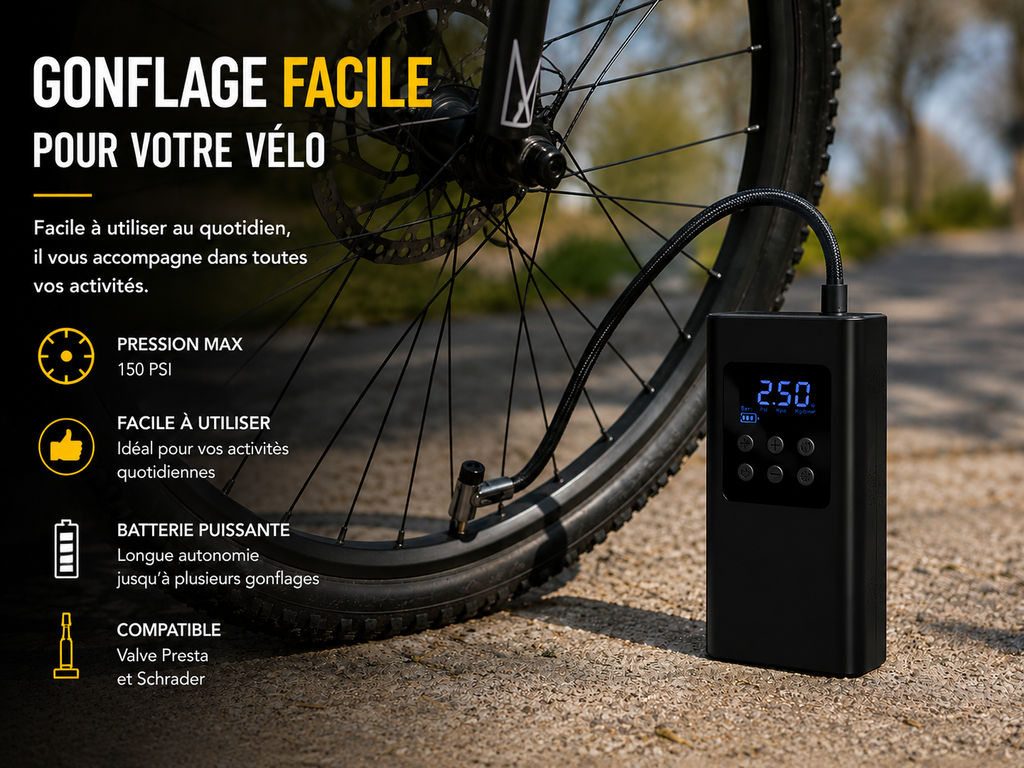 Gonfleur de Pneus Sans Fil 150 PSI – Compresseur d'Air Intelligent Rechargeable avec Écran LED