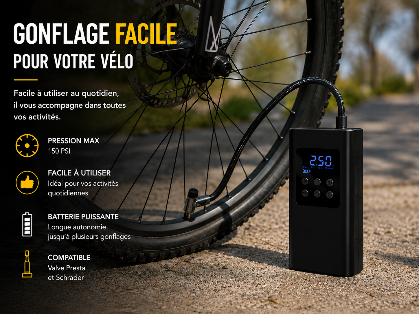 Gonfleur de Pneus Sans Fil 150 PSI – Compresseur d'Air Intelligent Rechargeable avec Écran LED